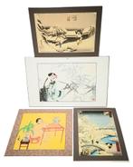 165. Houtsneden en schildering op zijde, Japan, Antiek en Kunst, Kunst | Niet-Westerse kunst, Ophalen of Verzenden