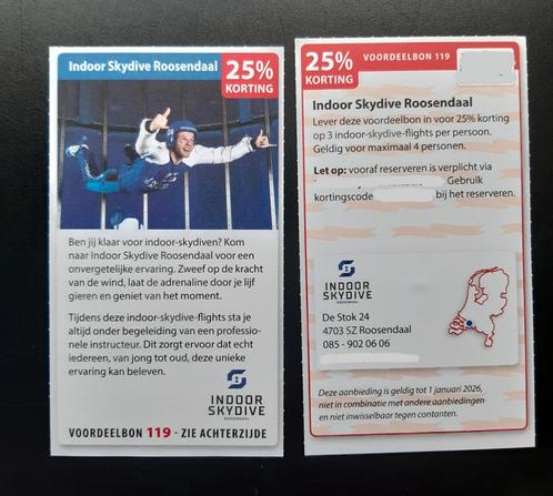Indoor Skydive Roosendaal 25% korting., Tickets en Kaartjes, Kortingen en Cadeaubonnen