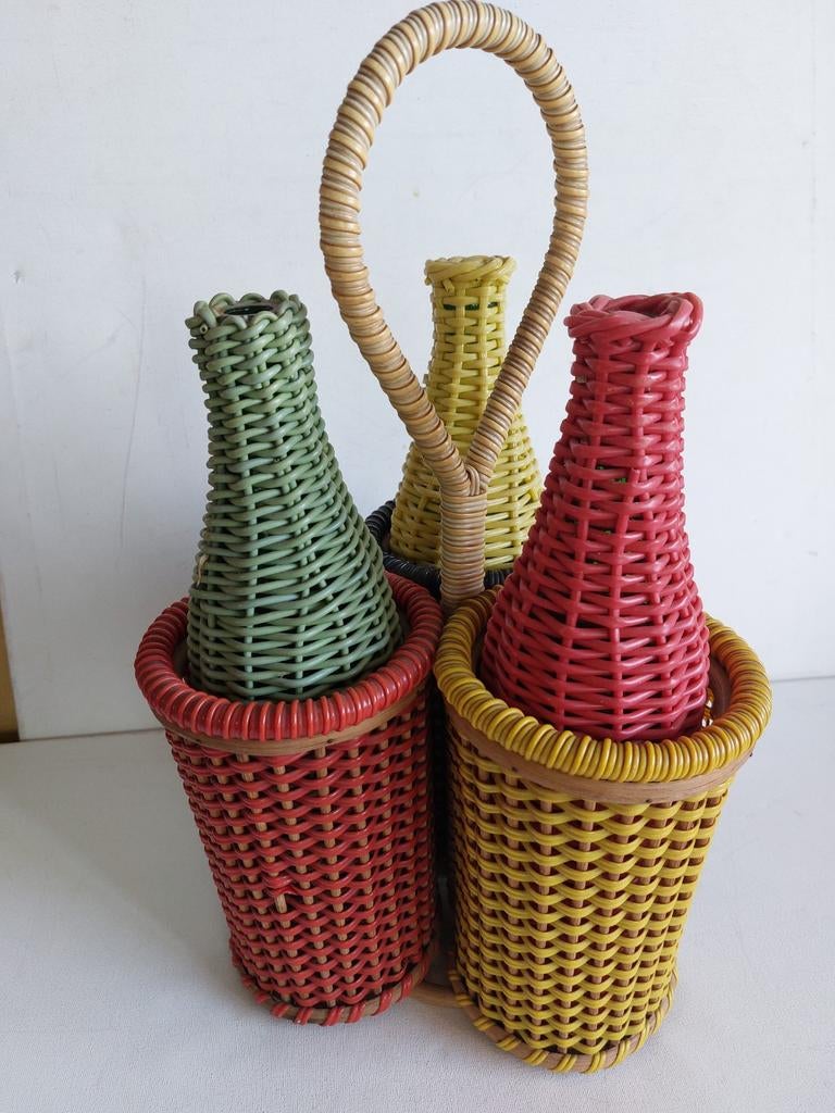 Fifties bamboe flessen mand met retro flessen, Antiek en Kunst, Ophalen of Verzenden