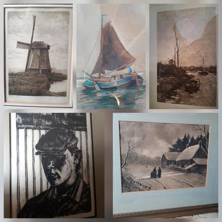 Prent aquarel litho zeilboot molen portret landschap Holland, Antiek en Kunst, Antiek | Woonaccessoires, Ophalen of Verzenden