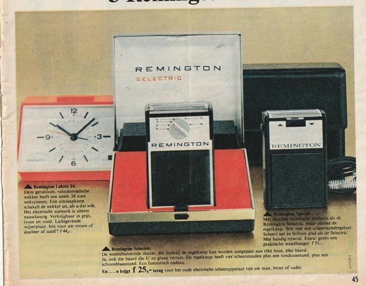 Retro reclame 1965 Remington wekker & scheerapparaat, Verzamelen, Retro, Overige typen, Verzenden