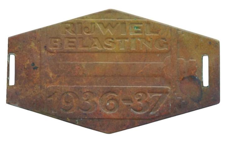 Rijwielbelasting plaatje 1936-37, Postzegels en Munten, Penningen en Medailles, Overige materialen, Nederland, Ophalen of Verzenden
