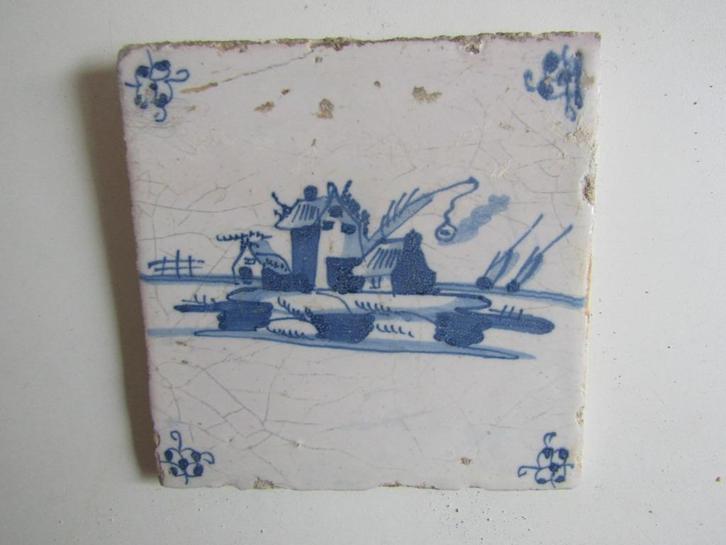 een antieke tegel met een boerderij op een terp., Antiek en Kunst, Antiek | Wandborden en Tegels, Ophalen of Verzenden