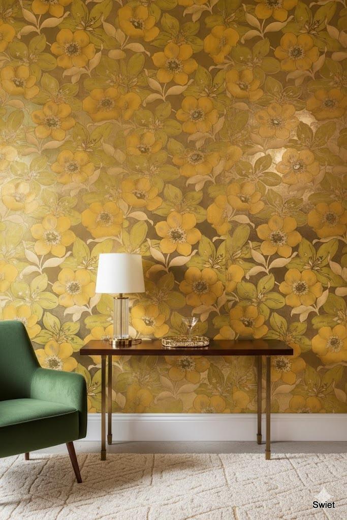 14245 vintage bloemen behang gold glamour swiet, Huis en Inrichting, Stoffering | Behang, Ophalen of Verzenden