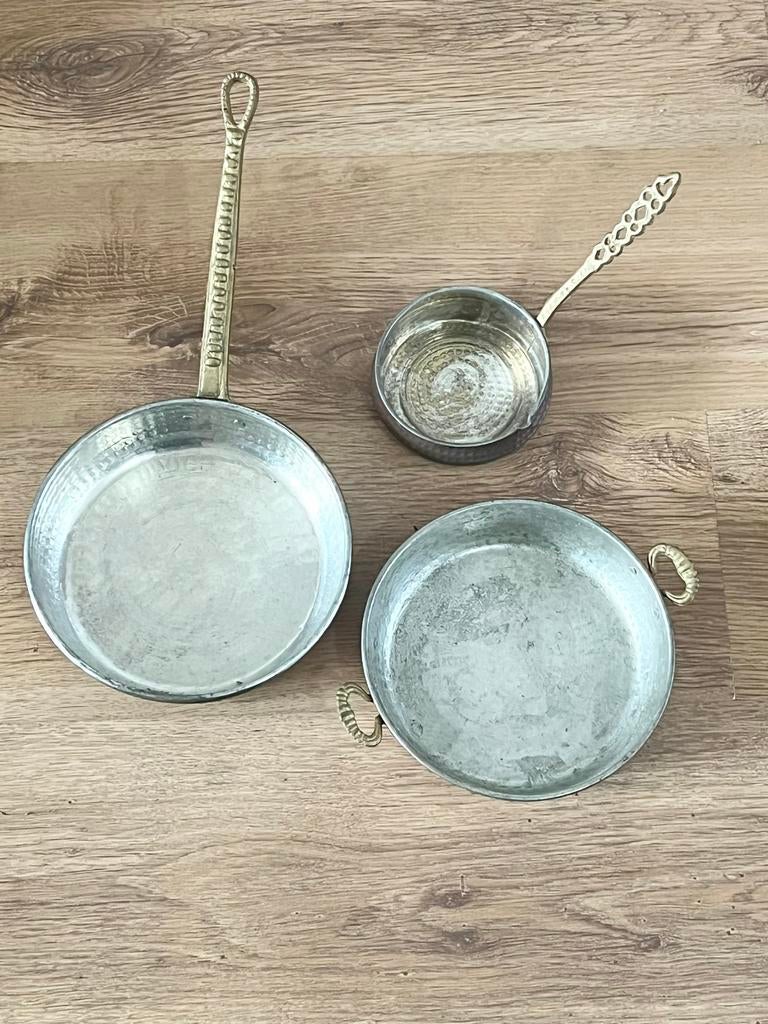 Vintage Koperen Pannenset, Huis en Inrichting, Keuken | Potten en Pannen, Overige materialen, Gebruikt, Inductieplaat, Pannenset