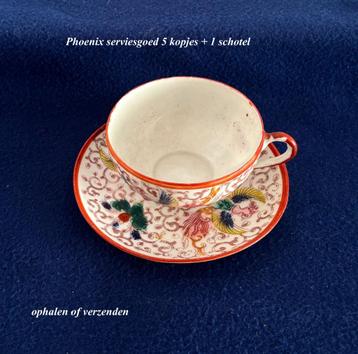 Oranje Phoenix  5 kopjes + 1 schoteltje Eierschaalporselein beschikbaar voor biedingen