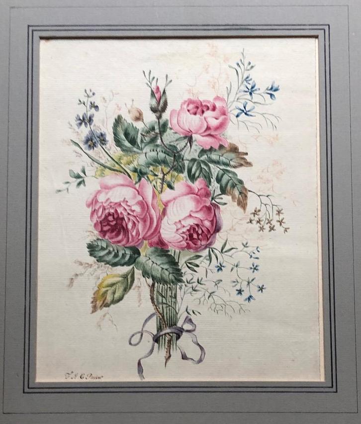 Aquarel bloemen rozen 19e eeuw, Antiek en Kunst, Kunst | Schilderijen | Klassiek, Ophalen of Verzenden