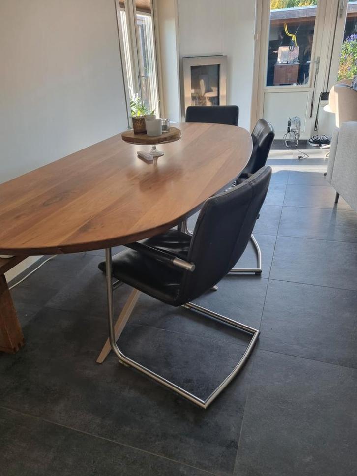 4 donkerbruin lederen eetkamerstoelen met rvs frame, Huis en Inrichting, Stoelen, Gebruikt, Vier, Leer, Bruin, Ophalen of Verzenden