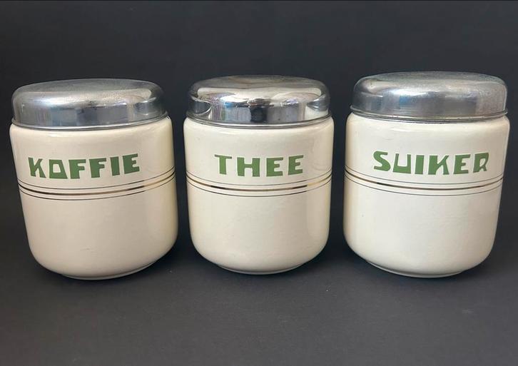 Creme Emaille Koffie, Thee, Suiker Voorraadbussen, Antiek en Kunst, Antiek | Emaille, Ophalen of Verzenden