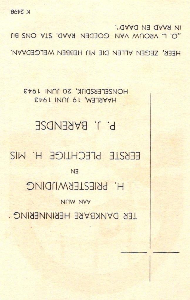 Barendse P.J. Haarlem 1943 Honselersdijk, Verzamelen, Bidprentjes en Rouwkaarten, Ophalen of Verzenden