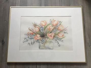 Aquarel bloemen in vaas. Aluminium lijst. 81x61 cm beschikbaar voor biedingen