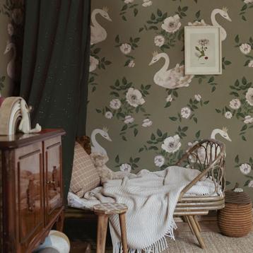 Kinderbehang Behang Zwanen Warm Groen Dekornik beschikbaar voor biedingen