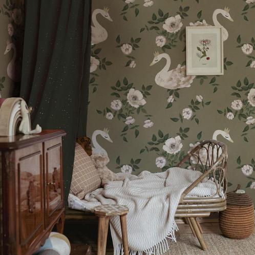 Kinderbehang Behang Zwanen Warm Groen Dekornik, Kinderen en Baby's, Kinderkamer | Inrichting en Decoratie, Nieuw, Wanddecoratie