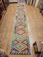 Handgeweven oosterse wollen kelim loper 484x76, Huis en Inrichting, Stoffering | Tapijten en Kleden, Info@SlatsAntiek.nl, Crème