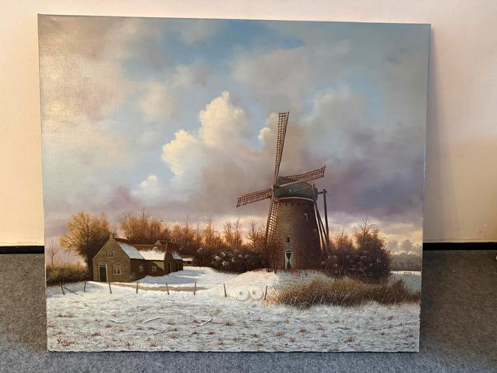 Winterlandschap met Molen - Olieverf op Doek, Antiek en Kunst, Kunst | Schilderijen | Klassiek, Ophalen