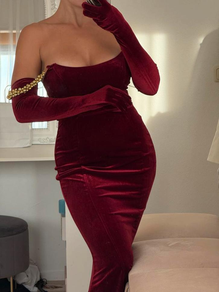 Bordeaux Rode Gala Jurk met Handschoenen, Kerstjurk Cocktail, Kleding | Dames, Jurken, Nieuw, Maat 36 (S), Rood, Onder de knie