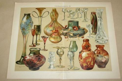 Antieke kleurenlitho - Jugendstil glaswerk - Circa 1900 !!, Antiek en Kunst, Kunst | Litho's en Zeefdrukken, Ophalen of Verzenden