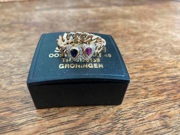 Gouden Vintage schakel ring 14 karaat goud robijn saffier 18 beschikbaar voor biedingen