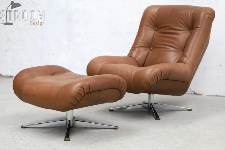 Hans Kaufeld Relax fauteuil met hocker Jaren Vintage Design, Huis en Inrichting, Banken | Complete zithoeken, Gebruikt, Hout, Leer