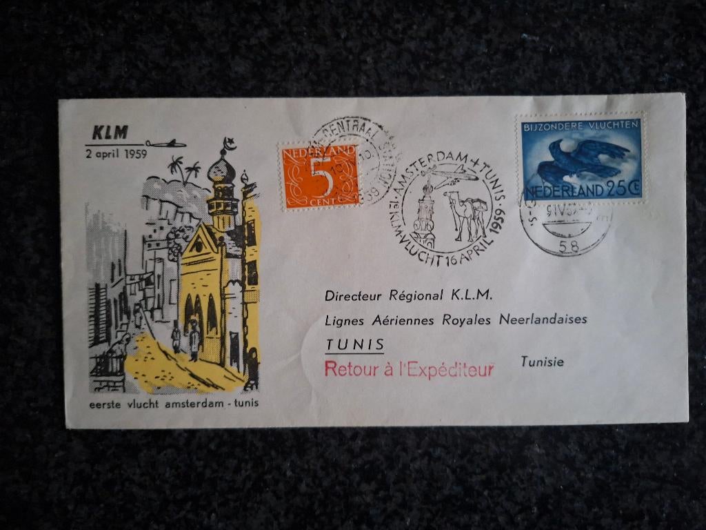 1e vlucht klm naar tunis, Ophalen of Verzenden, Envelop