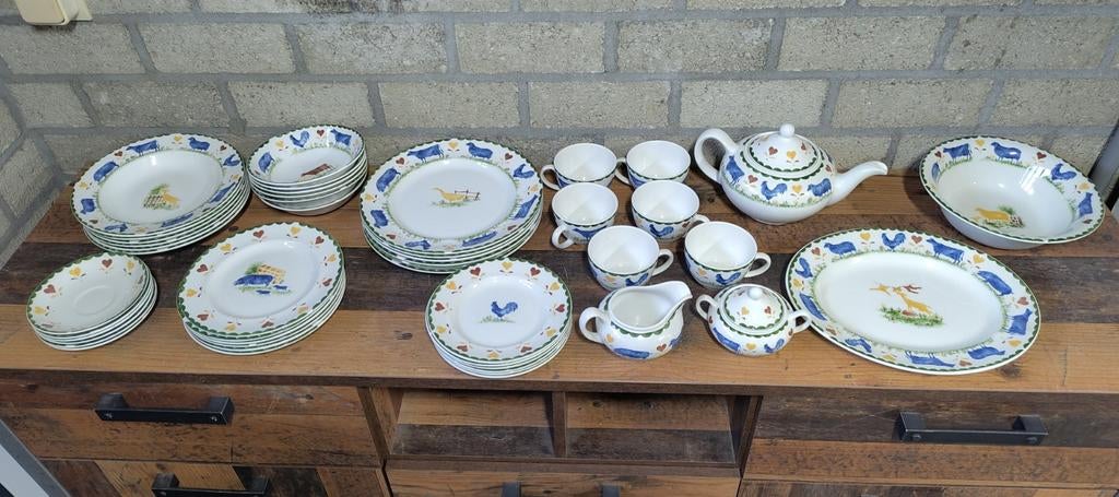 Compleet 6 persoons service Jacks Farm dieren V&D wood sons, Ophalen of Verzenden