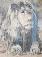 Prachtige grote antieke ingelijste tekening van een leeuw., Antiek en Kunst, Kunst | Tekeningen en Foto's, Ophalen of Verzenden
