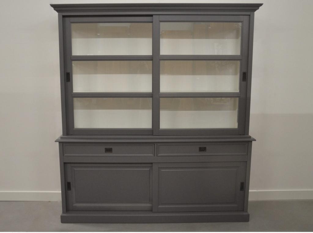 Grijze landelijke vitrinekast 200 cm, Ophalen of Verzenden