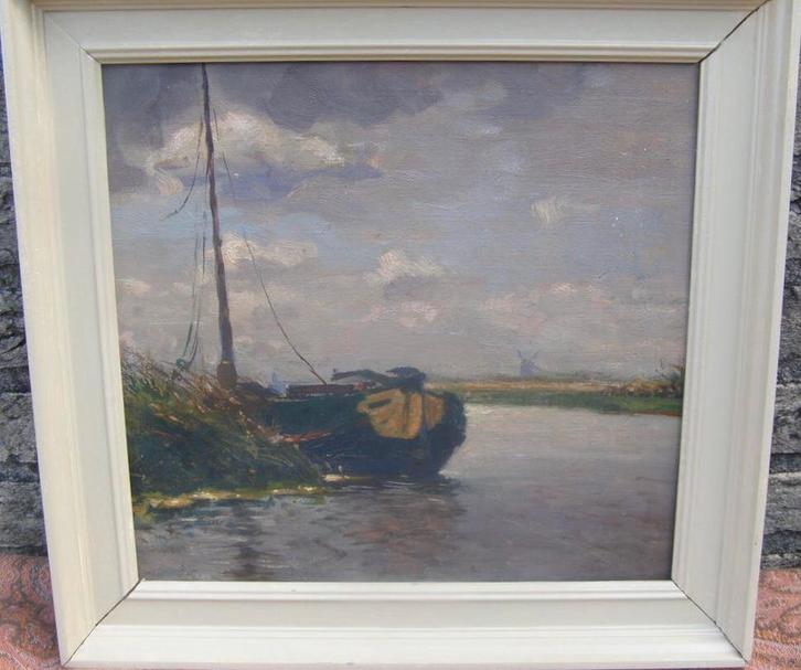 Gerard van Vliet - Poldertje met schuit - Olieverf op paneel, Antiek en Kunst, Kunst | Schilderijen | Klassiek, Ophalen of Verzenden