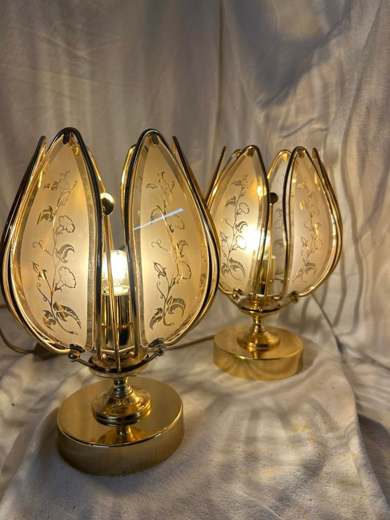 Set van 2 Vintage Hollywood Regency Lotus Lampen – Goud Glas, Ophalen of Verzenden