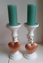 2 houten kandelaars met koper kleurige harten, Huis en Inrichting, Woonaccessoires | Kandelaars en Kaarsen, Ophalen of Verzenden