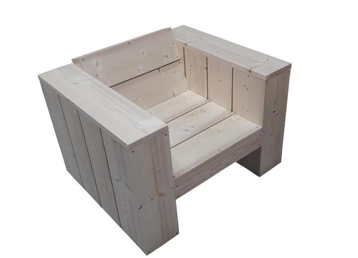 2 Steigerhouten Loungestoelen met kussens (als bouwpakket), Tuin en Terras, Tuinstoelen, Zo goed als nieuw, Hout, Ophalen