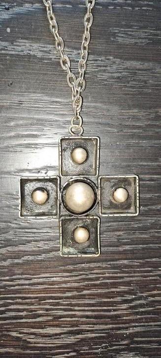 Vintage Space Age kruis (zilver?)Ketting., Sieraden, Tassen en Uiterlijk, Kettingen, Gebruikt, Overige materialen, Zilver, Met hanger