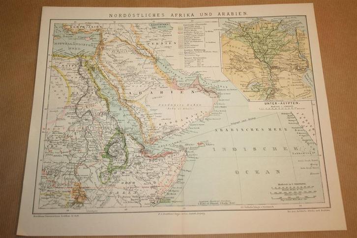 Antieke kaart - Noordoost-Afrika & Arabië - Ca 1885 !!, Boeken, Atlassen en Landkaarten, Gelezen, Landkaart, Wereld, 1800 tot 2000