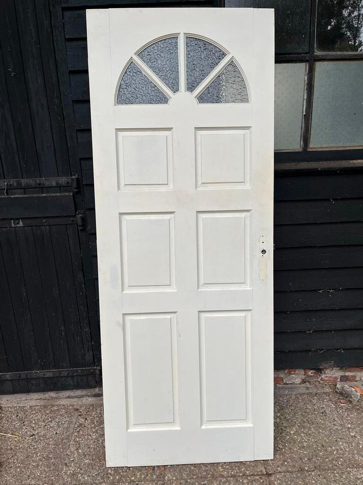 Hardhouten huisdeur met glas, Doe-het-zelf en Verbouw, Deuren en Horren, Gebruikt, Buitendeur, 200 tot 215 cm, 80 tot 100 cm, Hout