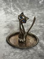 Vintage verzilverde ringhouder poes met blauwe ogen, Overige materialen, Gebruikt, Overige kleuren, Ophalen of Verzenden