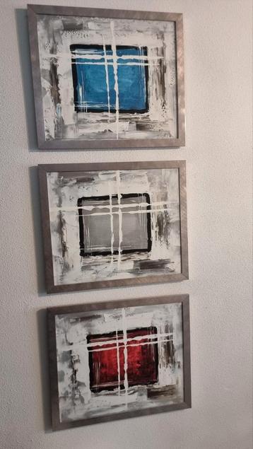 Gesigneerde set van 3 moderne abstracte schilderijen beschikbaar voor biedingen