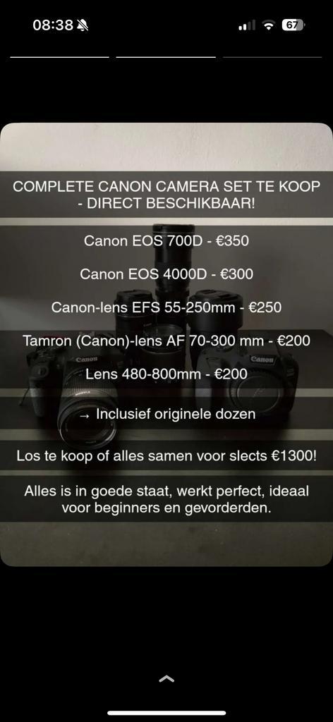 COMPLETE CANON CAMERA SET TE KOOP DIRECT BESCHIKBAAR!, Audio, Tv en Foto, Fotocamera's Digitaal, Zo goed als nieuw, Canon, 8 keer of meer