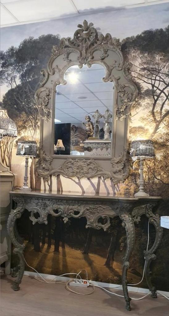 Console met spiegel, Antiek en Kunst, Antiek | Spiegels, Minder dan 50 cm, Ovaal, Ophalen of Verzenden