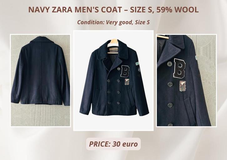 Navy Zara Men's Coat – Size S, 59% Wool, Kleding | Heren, Jassen | Winter, Zo goed als nieuw, Maat 52/54 (L), Blauw, Ophalen of Verzenden