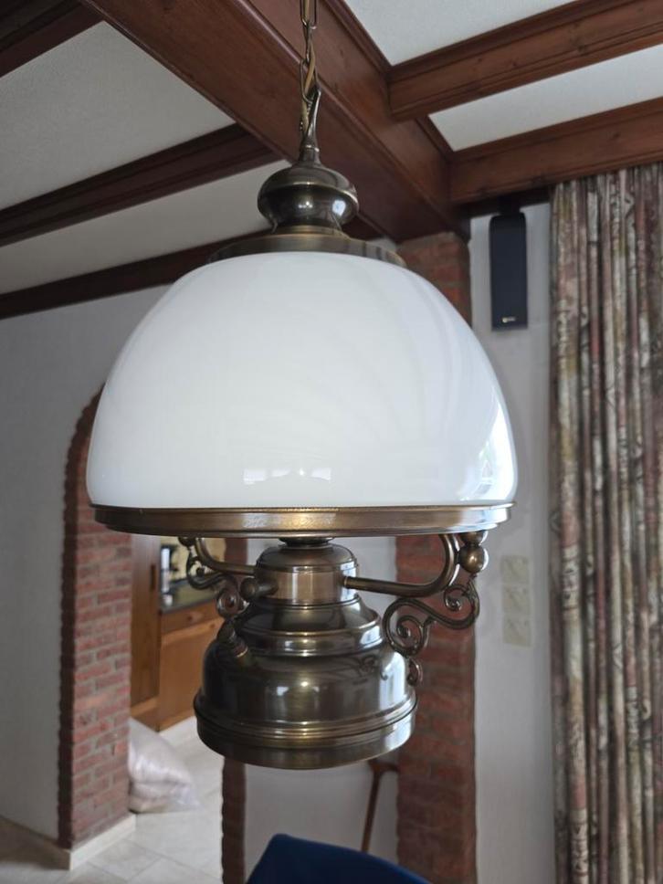 Vintage Hanglamp met Glazen Kap, Huis en Inrichting, Lampen | Hanglampen, Gebruikt, Minder dan 50 cm, Glas, Metaal, Ophalen