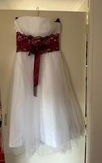 Strappless trouwjurk met rode band, Ophalen of Verzenden, Gedragen, Wit, Trouwjurk