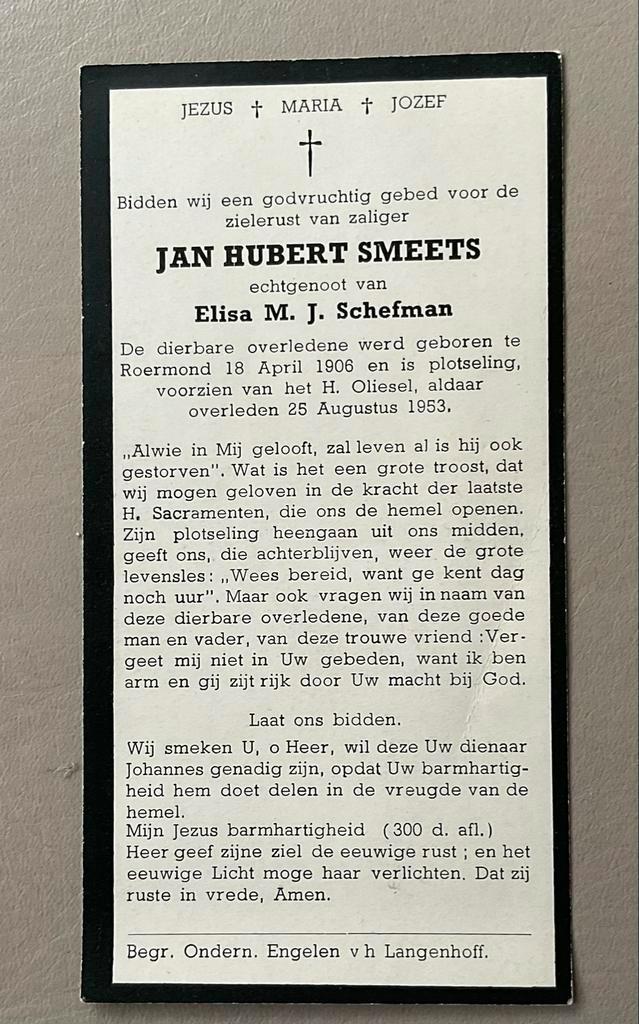 Bidprentje Jan Hubert Smeets 1906-1953 Roermond, Verzamelen, Bidprentjes en Rouwkaarten, Bidprentje, Ophalen of Verzenden