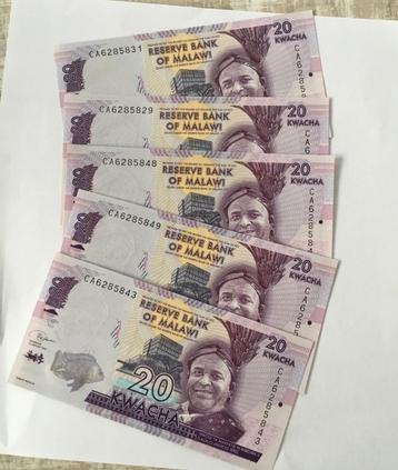 Malawi 5 bankbiljetten 20 kwacha uit 2020 beschikbaar voor biedingen