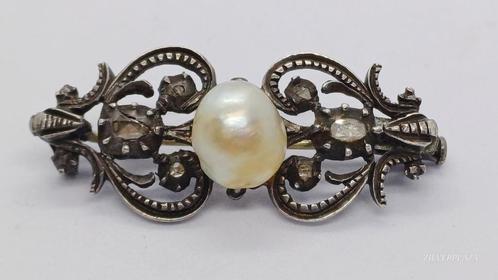 Antieke zilveren broche met parel en roosdiamanten, Sieraden, Tassen en Uiterlijk, Antieke sieraden, Broche, Met edelsteen, Ophalen of Verzenden