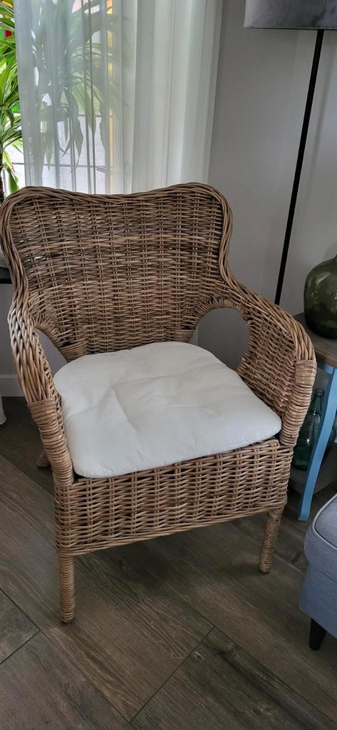 Loungestoel, gevlochten rieten landelijke stoel., Huis en Inrichting, Fauteuils, Zo goed als nieuw, Riet of Rotan, 50 tot 75 cm