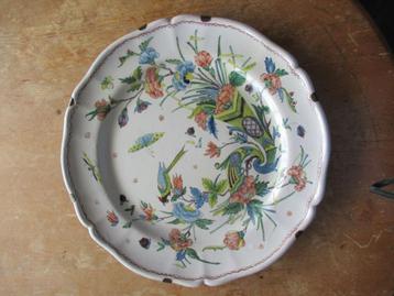Oer 11025 ANTIEKE aardewerk schotel met vogel en bloemen beschikbaar voor biedingen