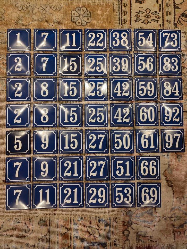 Mooie emaille huisnummers (1 - 97), Antiek en Kunst, Antiek | Emaille, Ophalen of Verzenden