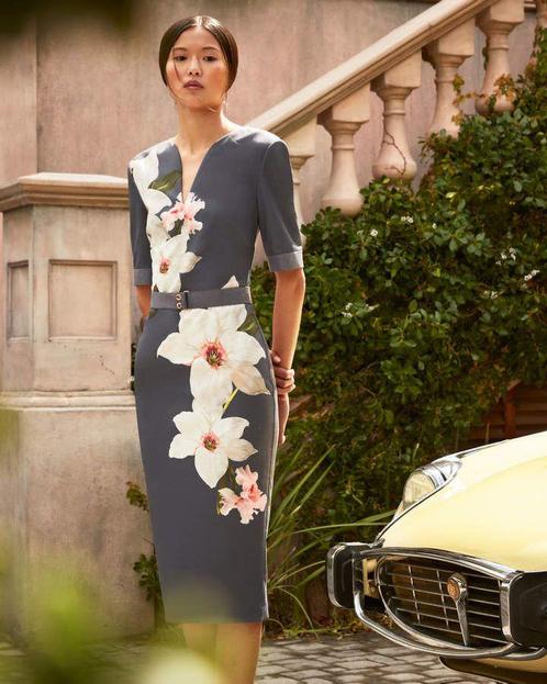 Ted Baker luxe vrouwelijke jurk antracietgrijs/print Ted4=40, Kleding | Dames, Jurken, Nieuw, Maat 38/40 (M), Overige kleuren