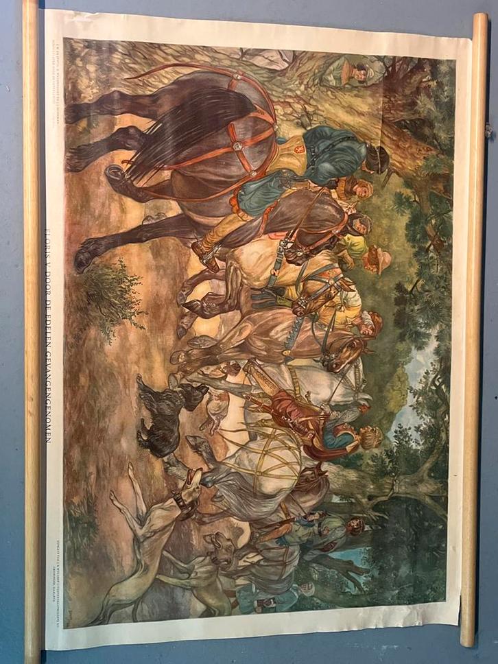 Oude schoolplaat Floris V - De edelen gevangengenomen, Antiek en Kunst, Antiek | Schoolplaten, Geschiedenis, Ophalen of Verzenden