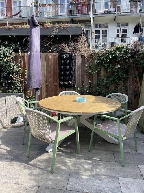 Luxe Tierra Outdoor Tuinset – Teaktafel + 5 Stoelen, Tuin en Terras, Tuinsets en Loungesets, Zo goed als nieuw, Tuinset, Teakhout